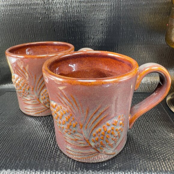Big Sky Carvers Fusion Pinecone Coffee Mug Cup Brown Heavy Glaze Ceramic Set 2 - Picture 1 of 12